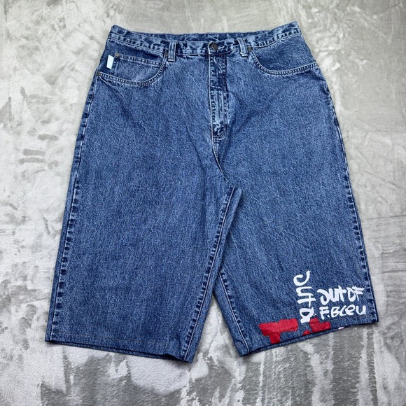 ForteBleu Denim Shorts Sz 38 Embroidered Out of F.BCEU Blue Jean Cut Off Skater - Picture 1 of 10